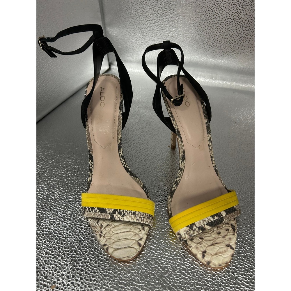 Aldo‎ Snakeskin Embossed Stiletto Sandals Yellow Black Ankle Strap Heels